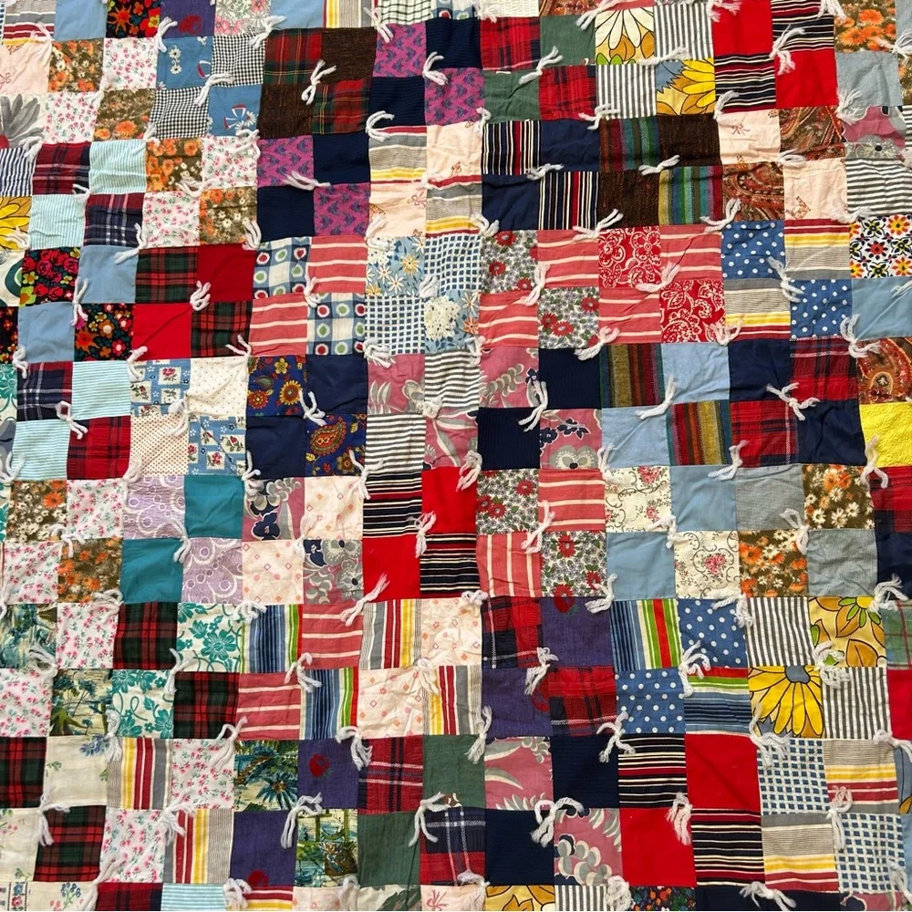 Vintage Handmade “Postage Stamp” Patchwork Quilt Multicolor Bedcover#0215265